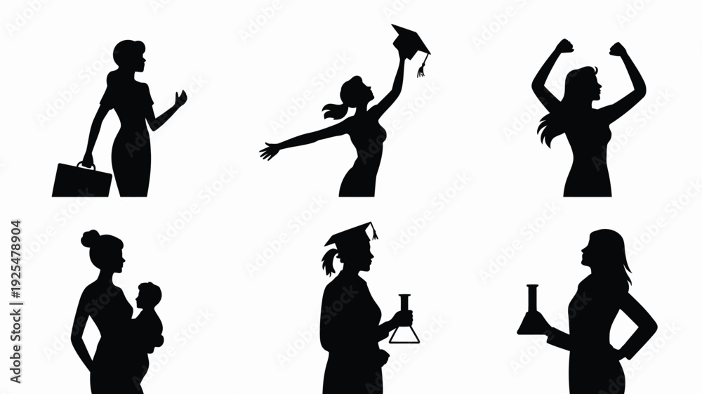 Obraz premium Empowering silhouettes of women in various professional and personal roles symbolizing strength and independence in career and daily life