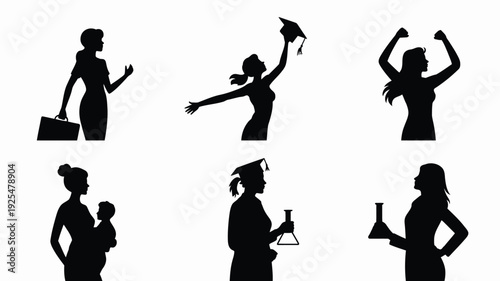 Empowering silhouettes of women in various professional and personal roles symbolizing strength and independence in career and daily life