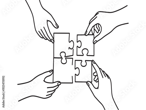 Four hands putting together a jigsaw puzzle pieces