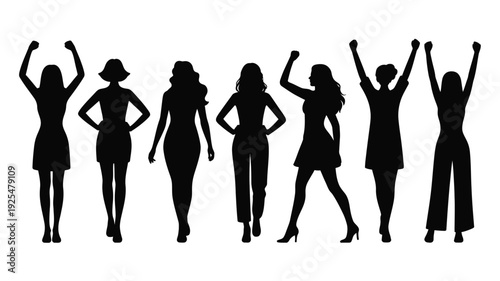 Seven black silhouettes of women in various poses with raised arms and hands on hips isolated on white background for design and illustration