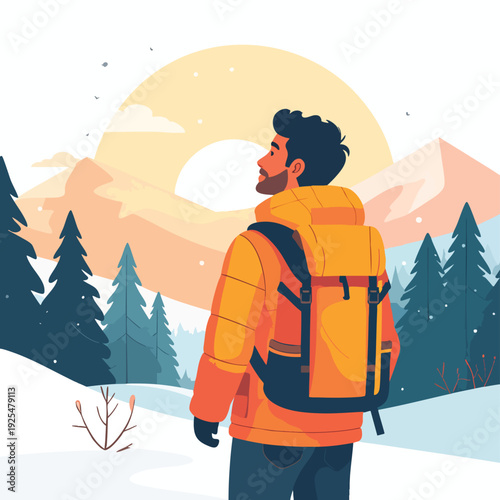 A man with a backpack stands in a snowy landscape looking at mountains during sunrise