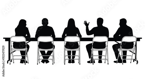 Black and White Silhouette Illustration of Five People Sitting at Long Table for Business Meeting, Discussion Group in Minimalist Style, White Background