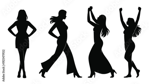 Collection of black vector silhouettes of women dancing and posing in various elegant dresses and outfits against a white background