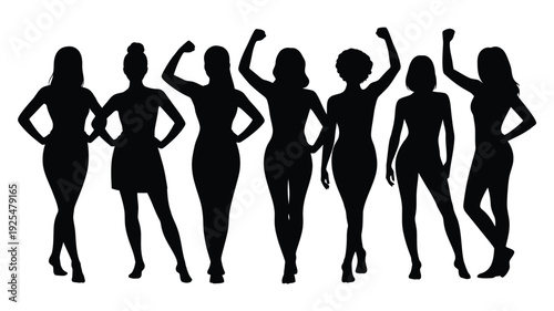 Seven black vector silhouettes of women in various poses on white background empowerment and strength concept