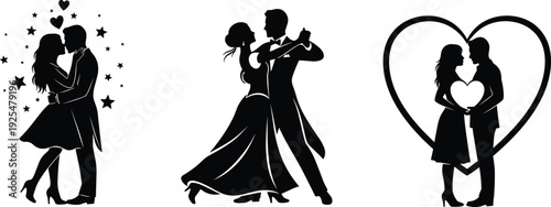 Romantic couple silhouettes dancing and embracing vector illustration set isolated on white background love relationship wedding design collection