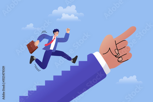 Career advancement concept with a man running up stairs of a giant pointing hand. Modern flat vector for professional guidance, mentorship, and corporate success growth strategy.