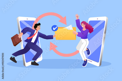 Digital data transfer concept with characters sharing a document folder via smartphones. Modern flat vector for cloud computing, fast file sharing, and secure online database management.