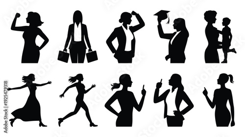 Collection of ten diverse women silhouettes showcasing various professions and activities symbolizing empowerment and equality in a minimalist black and white design