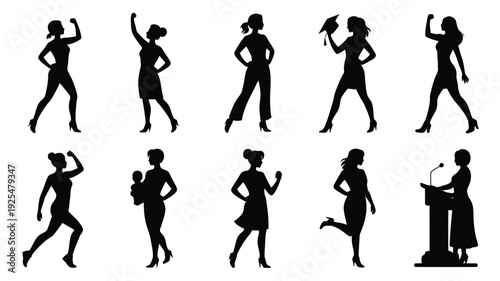 Empowered women silhouettes collection diverse poses and actions black icons on white background for symbolizing strength and femininity