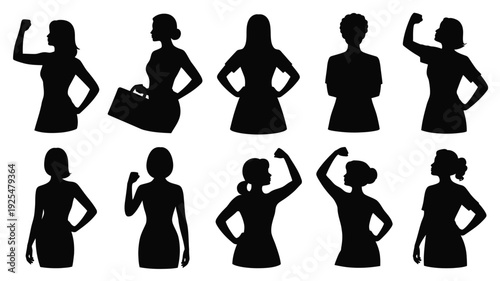Ten empowered women in various confident poses black silhouettes on white background symbolizing strength and female empowerment