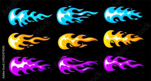 Set of fire flame icons in flat style. Blue, purple and orange gradient gas sparks collection. Vector glowing energy symbols for magic effect, heat and power. Bonfire elements isolated on black