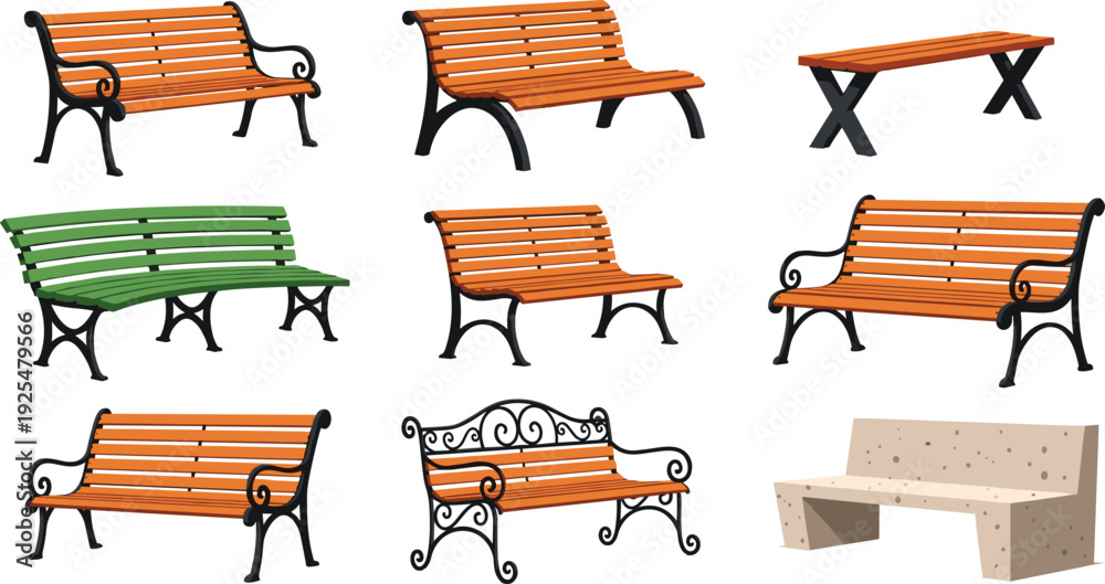Fototapeta premium Park Bench Vector Set with Wooden Outdoor Seating Furniture Isolated Garden and City Bench Collection