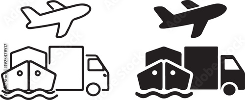 Transportation icons showing airplane, cargo ship, and delivery truck in outline and solid styles. isolated on white background, illustration