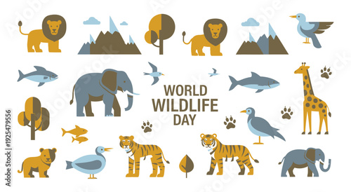 World wildlife day animals lion elephant giraffe tiger bird fish