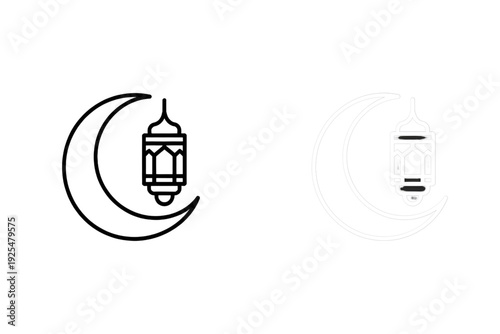 Two lanterns suspended from crescent moons in contrasting styles isolated on transparent background