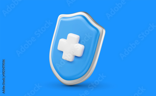 3d blue shield with white cross icon, secure protection and safety concept. 3d mesh vector style illustration of medical or antivirus guard, insurance, health and data security design