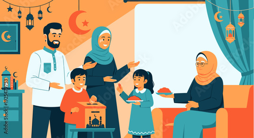 Happy Muslim family celebrating Ramadan together at home.