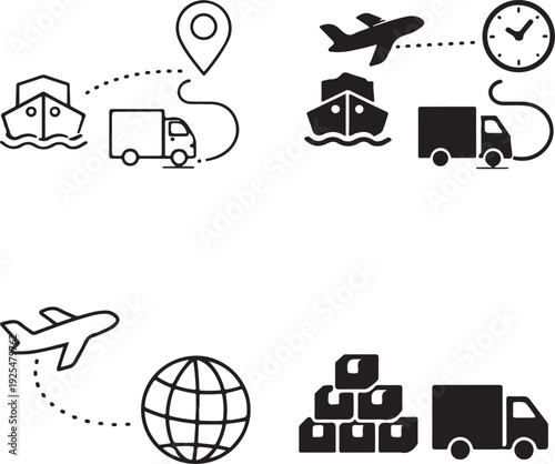 Set of logistics and global shipping icons representing freight transport by sea air and land isolated on white background, illustration