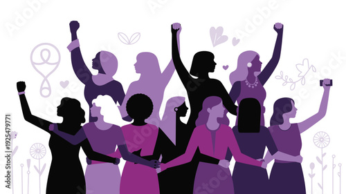 Diverse group of women in solidarity with fists raised in empowerment and support purple and black silhouettes on white background with hearts and flowers