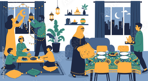 A family celebrating Ramadan together at home.