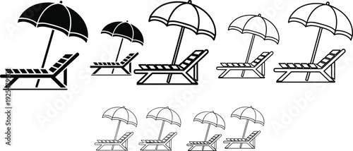 Beach umbrella and sun lounger icon collection summer vacation vector illustration set