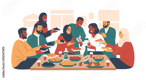 Diverse group of people sharing a meal.