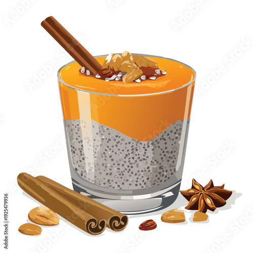 Chia seed pudding with pumpkin puree and spices in glass