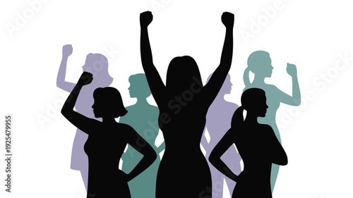 Empowered women in solidarity with fists raised in triumph and strength celebrating female empowerment and unity in a minimalist flat vector illustration