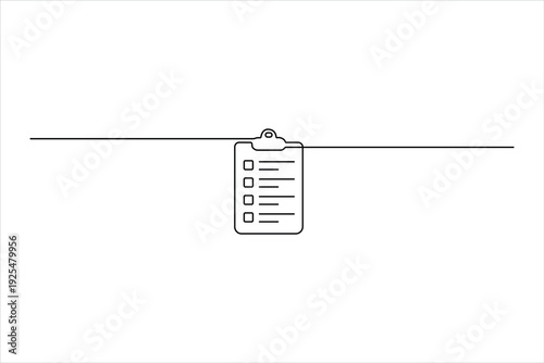 Minimalist continuous line drawing of a clipboard with checkboxes. Clean vector art representing productivity, tasks, and business organization.