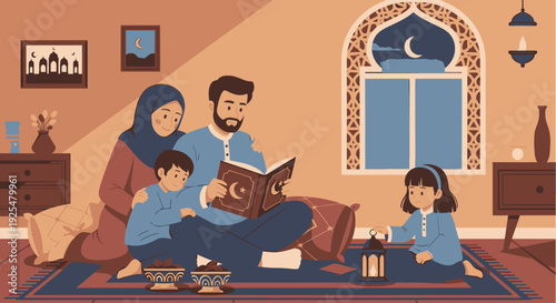 A Muslim family reading together at home.