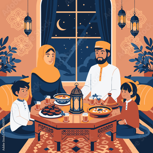 Family breaking fast during Ramadan at home.