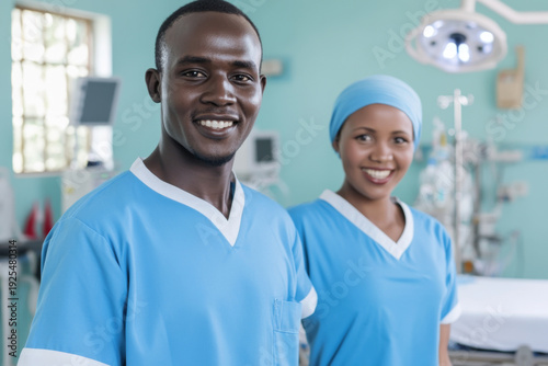 Healthcare professionals smiling in hospital setting, African American