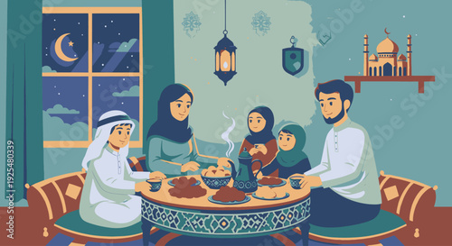 A Muslim family breaking their fast during Ramadan.