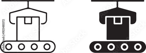 Automated robotic arm picking up a box from a conveyor belt in a warehouse setting isolated on white background, illustration