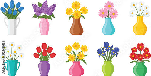 Colorful Flower Bouquets in Vases Vector Set with Decorative Floral Arrangements Isolated Collection