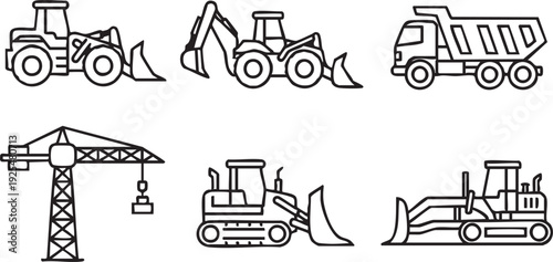 Assorted construction equipment illustrated in monochrome