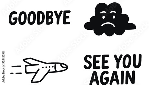 A goodbye illustration with a sad cloud and an airplane taking off