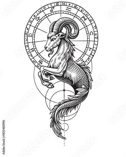 Detailed Illustration of the Capricorn Sea Goat Zodiac Symbol.