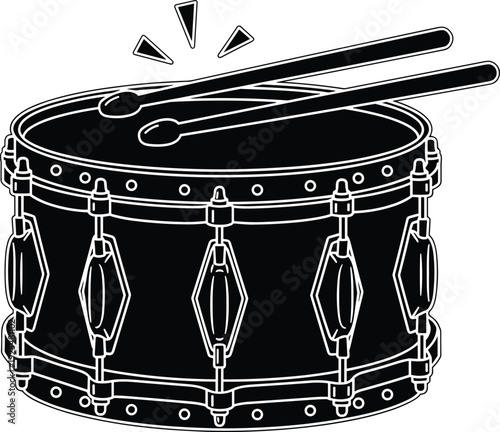 Black, and, white, marching, band, snare, drum, silhouette, with, drumsticks, diamond, pattern, military, percussion, instrument, icon, musical, parade, equipment, illustration.