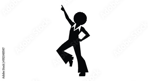Silhouette of a disco dancer in a jumpsuit, pointing up with one hand and hand on hip