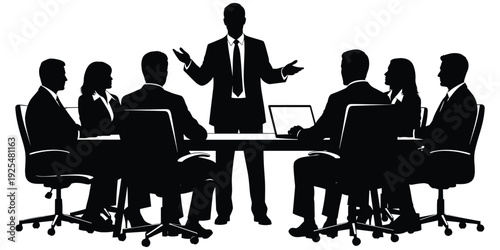 Business meeting silhouette illustration, corporate teamwork artwork, leadership communication design tribute, professional collaboration graphic,  presentation theme flat vector illustration