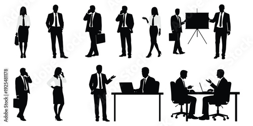 Business professional silhouette illustration, corporate activity artwork, teamwork communication design tribute, leadership presentation graphic, workplace interaction theme flat vector illustration