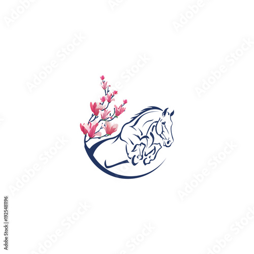 Elegant horse leaping with floral accents in a circular design.