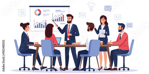 Business strategy meeting silhouette illustration, corporate teamwork artwork, leadership communication design tribute, professional data analysis graphic, presentation theme flat vector illustration