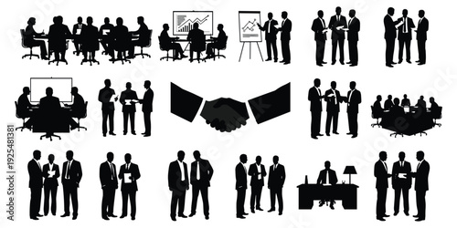 Business teamwork, corporate meeting, office collaboration, handshake partnership, presentation charts, negotiation discussion, professional , leadership success, flat vector illustration