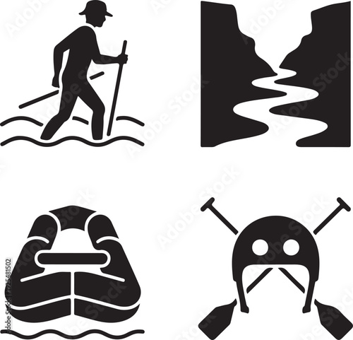 Four black of outdoor adventure activities hiking trekking