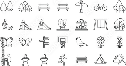 Park and Outdoor Recreation Line Icon Set with Playground, Bench, Carousel, Bicycle, Camping, and Nature Symbols