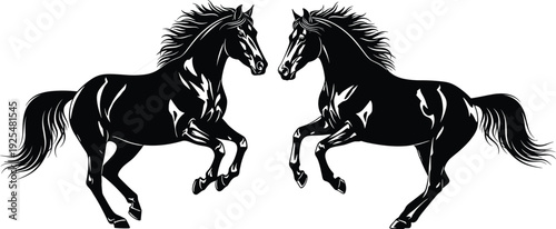 Two black rearing stallions facing each other vector silhouette illustration isolated on white background powerful equine logo design artwork