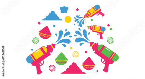Holi festival celebration with colorful water guns and gulal
