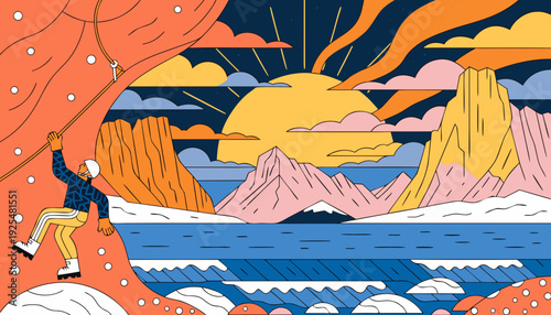 Very beautiful climber scaling a massive rock under glowing northern lights and midnight sun above Lofoten’s dramatic peaks.
